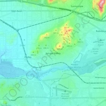 Carte topographique Jurupa Valley, altitude, relief