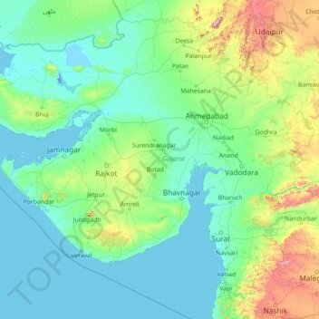 Carte topographique Gujarat, altitude, relief