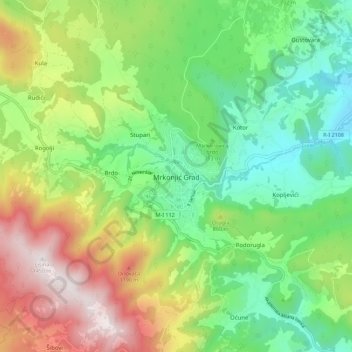 Carte topographique Mrkonjić Grad, altitude, relief