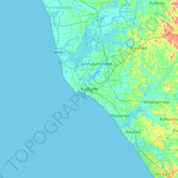 Carte topographique Kollam, altitude, relief