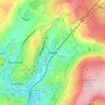 Carte topographique Diggle, altitude, relief