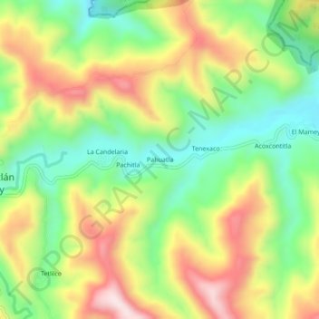 Carte topographique Pahuatla, altitude, relief