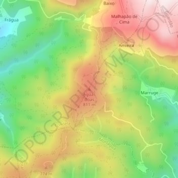 Carte topographique Águas Boas, altitude, relief