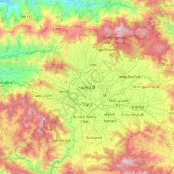 Carte topographique Katmandou, altitude, relief