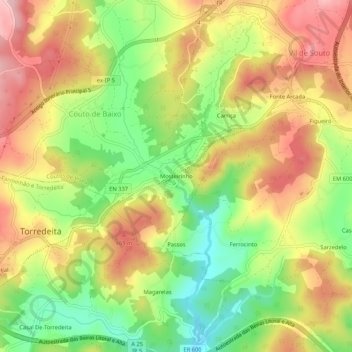 Carte topographique Mosteirinho, altitude, relief