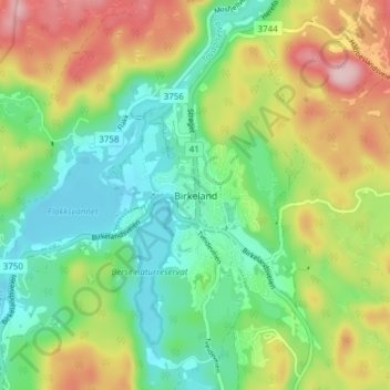 Carte topographique Birkeland, altitude, relief
