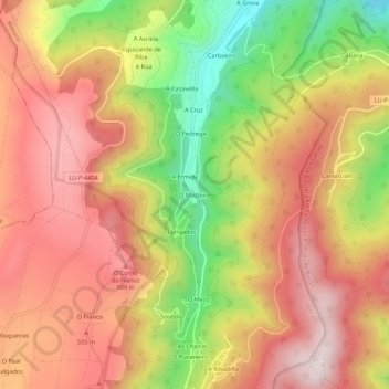 Carte topographique O Mosteiro, altitude, relief