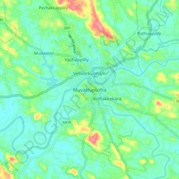 Carte topographique Muvattupuzha, altitude, relief