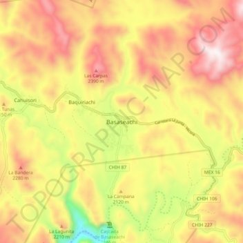 Carte topographique Basaseachi, altitude, relief
