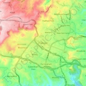 Carte topographique Pinetown, altitude, relief