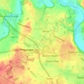 Carte topographique Calcott, altitude, relief