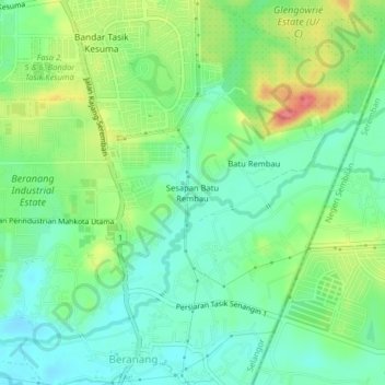 Carte topographique Sesapan Batu Rembau, altitude, relief