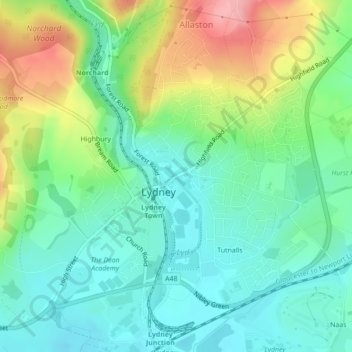 Carte topographique Lydney Hub, altitude, relief