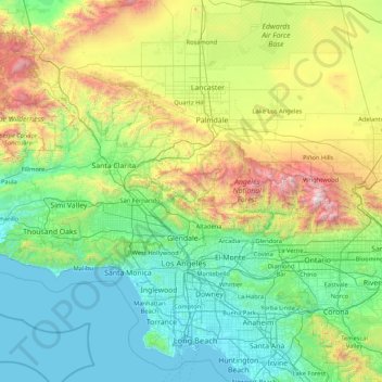 Carte topographique Los Angeles, altitude, relief