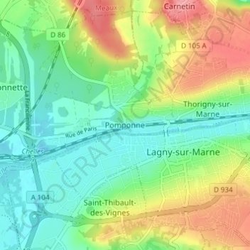 Carte topographique Pomponne, altitude, relief