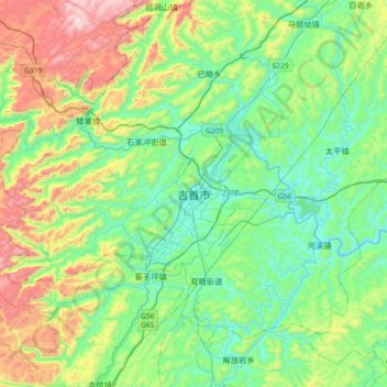 Carte topographique Jishou, altitude, relief