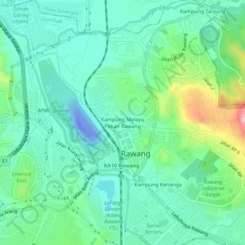 Carte topographique Kampung Melayu Pekan Rawang, altitude, relief