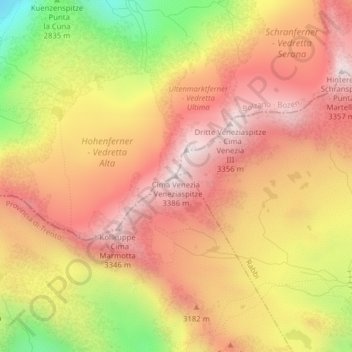 Carte topographique Cima Venezia - Veneziaspitze, altitude, relief