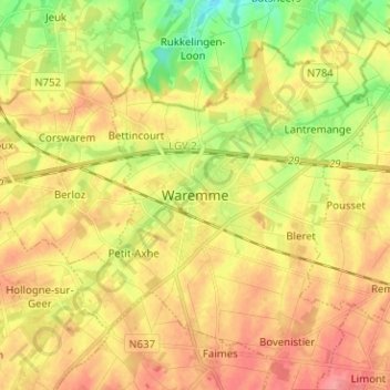 Carte topographique Waremme, altitude, relief