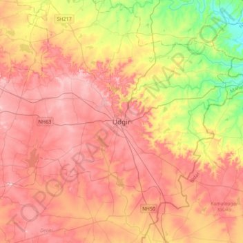 Carte topographique Udgir, altitude, relief