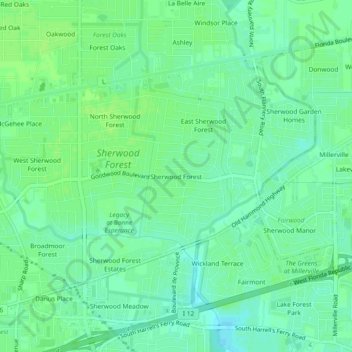Carte topographique Sherwood Forest, altitude, relief
