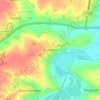 Carte topographique Woodford, altitude, relief