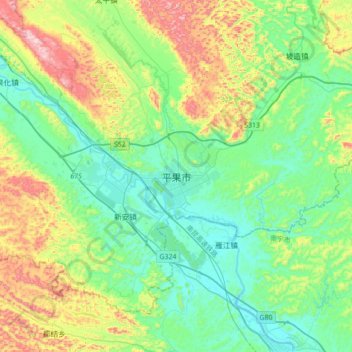Carte topographique Pingguo, altitude, relief