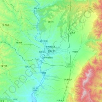 Carte topographique Huozhou, altitude, relief