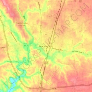 Carte topographique Lawrenceburg, altitude, relief
