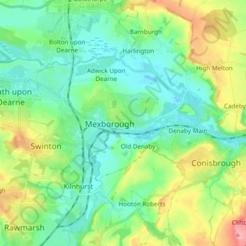 Carte topographique Mexborough, altitude, relief