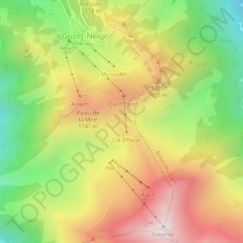 Carte topographique Col d'Escots, altitude, relief