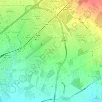 Carte topographique es Pla de na Tesa, altitude, relief
