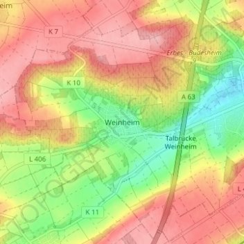 Carte topographique Weinheim, altitude, relief