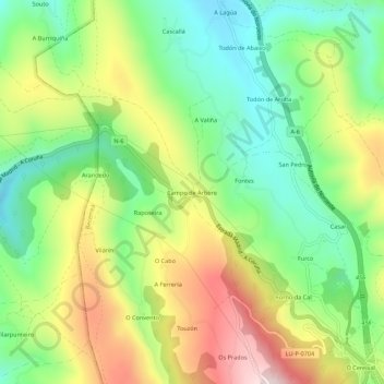 Carte topographique Campo de Árbore, altitude, relief
