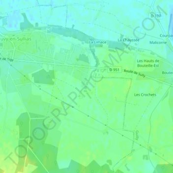 Carte topographique Prairie du Gué des Riviere, altitude, relief