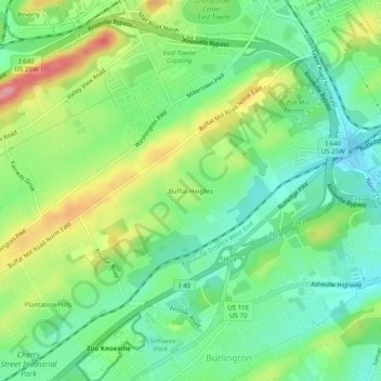 Carte topographique Buffat Heights, altitude, relief