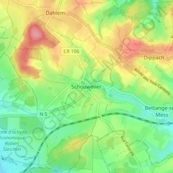 Carte topographique Schouweiler, altitude, relief