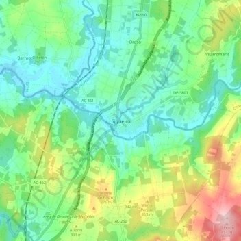 Carte topographique Sigüeiro, altitude, relief