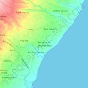 Carte topographique Kecamatan Labuhan Haji, altitude, relief