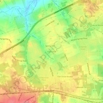 Carte topographique Oak Crest, altitude, relief