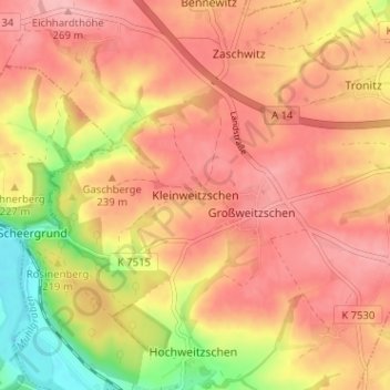 Carte topographique Kleinweitzschen, altitude, relief