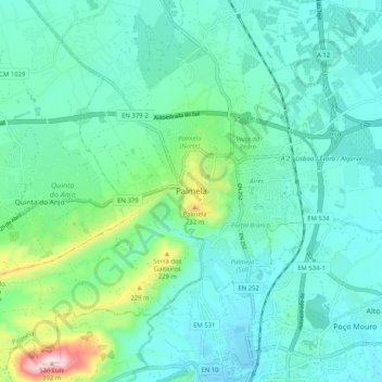 Carte topographique Palmela, altitude, relief