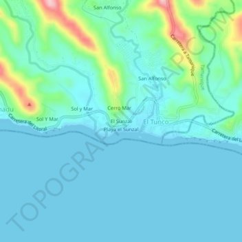 Carte topographique El Sunzal, altitude, relief