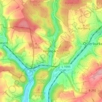Carte topographique Hemsbach, altitude, relief