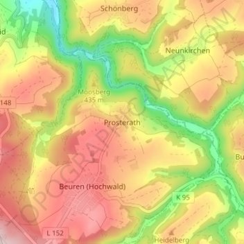 Carte topographique Prosterath, altitude, relief