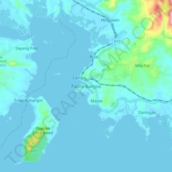 Carte topographique Padre Burgos, altitude, relief