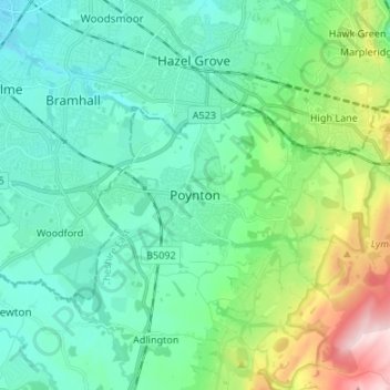 Carte topographique Poynton, altitude, relief
