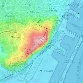 Carte topographique Montjuïc, altitude, relief