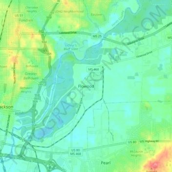 Carte topographique Flowood, altitude, relief