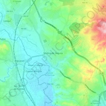 Carte topographique Molina de Segura, altitude, relief